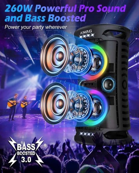 Large Party Bluetooth Speaker with Deep Bass 260W Peak 15Hr Playtime Fast Charge RGB Lights Portable for Outdoor S260513