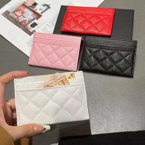 Quilted Leather Card Holder Womens Coin Purse Bag Slim Multi-Slot Card Wallet with Chevron & Diamond Stitch Patterns for Daily Use