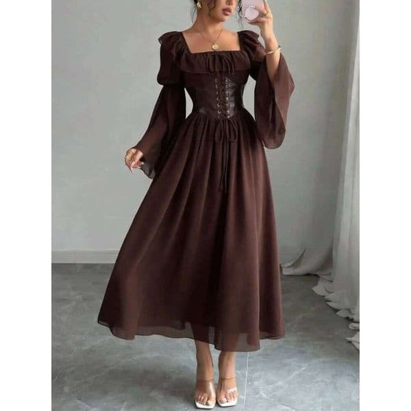 Brown square neck maxi dress,Chocolate toned off the shoulder puff sleeve corset style long dress with lace
