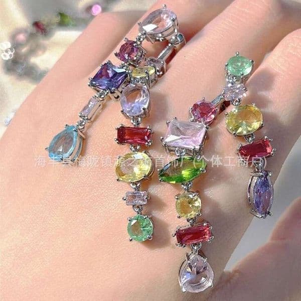 Shijia Dopamine Colorful Earrings for Women, Geometric Zircon Tassel Irregular Earrings, Candy Color Crystal