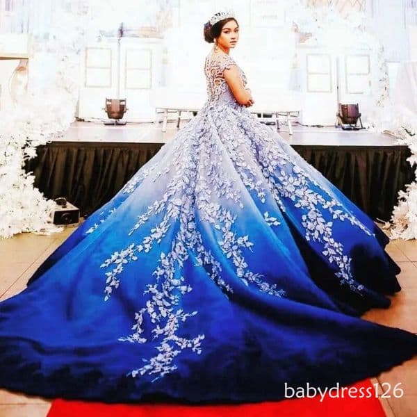 Shiny Royal Blue Ball Gown Quinceanera Dress White Floral Applique Beading Sweet 16 Birthday Evening Party Gowns Vestidos De 15 Anos