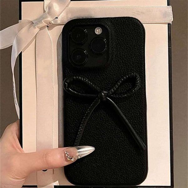 Luxury 3D Pu Leather Bow Litchi Pattern Phone Case For iPhone 16 15 13 14 12 11 Pro Max Stylish Soft Shockproof Cover Funda 26L0514