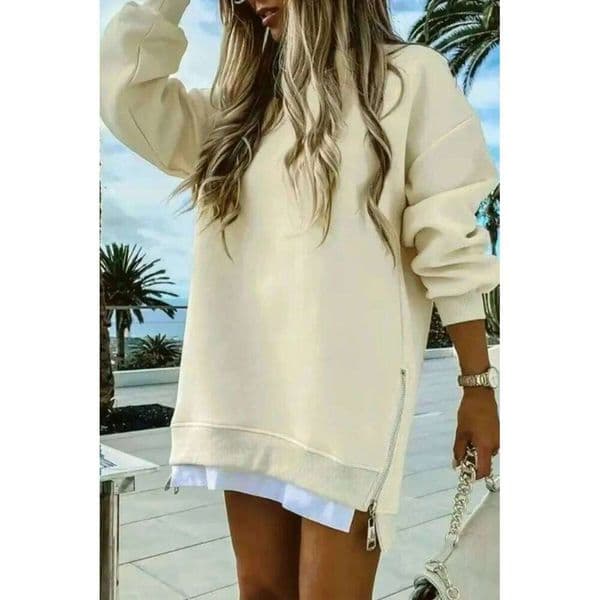 Women's Long Sleeve Pullover Hoodie Side Zipper Detail Oversized Sweatshirt With Layered Hem For Casual Street Style Wear