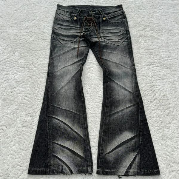 Y2K Distressed Flare Jeans Gothic Men Double Waist Lace Up Denim Pants Retro Washed Scratches Streetwear Unisex Bootcut Jeans 260511