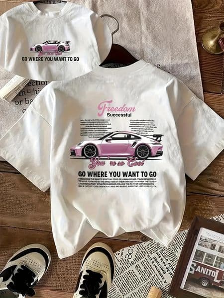 Pink Sports Car Freedom Womens Tee Trendy Automotive Graphic Casual Cool Top 260514