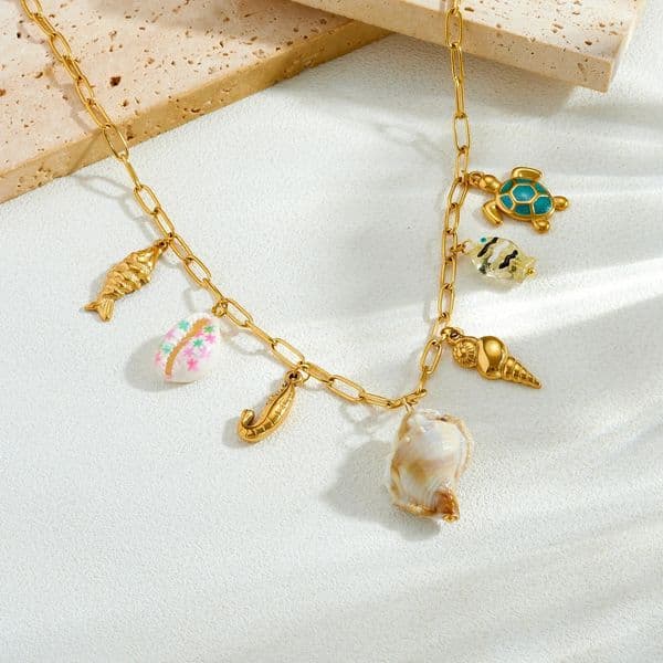 Stainless Steel Golden Turtle Fish Shell Conch Pendant Necklace Summer Beach Vacation Ocean Charm Jewelry For Women 260513