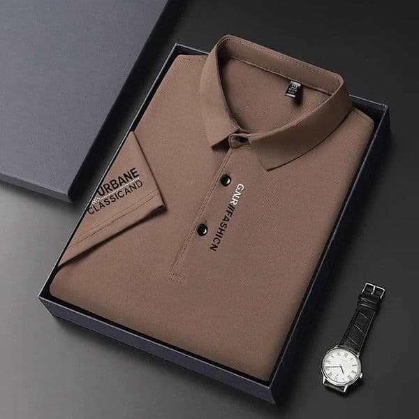 Mens Business Casual Short Sleeved Shirt with Badge Solid Color Polo Fashionable Breathable Comfortable Versatile Top 260514