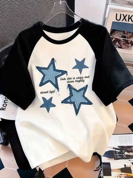 Y2K Hip Hop Blue Star Print Letter Print Crew Neck T-Shirt Casual Short Sleeve Top for Spring Summer Womens Clothing L260514
