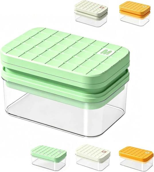 Ice Cube Tray Set with Bin Lid 28 Cubes Per Tray Silicone Bottom for Easy Release Includes Scoop Leak-Resistant Odor-Free White Single01