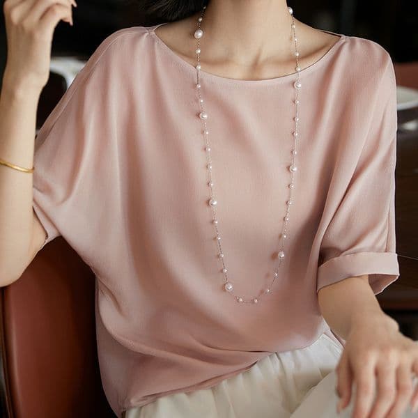Blouse High-end Mulberry Silk Loose Short-Sleeve Women's Top 2026 Summer Casual Off-Shoulder Pullover