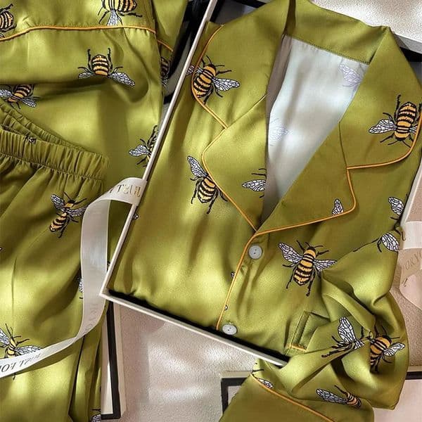 Womens 2PCS Pajama Set Pocket Silk Satin Sleepwear Spring Autumn fashion Print Pyjama Long Sleeve Pijama Mujer Pjs Homewear 260514