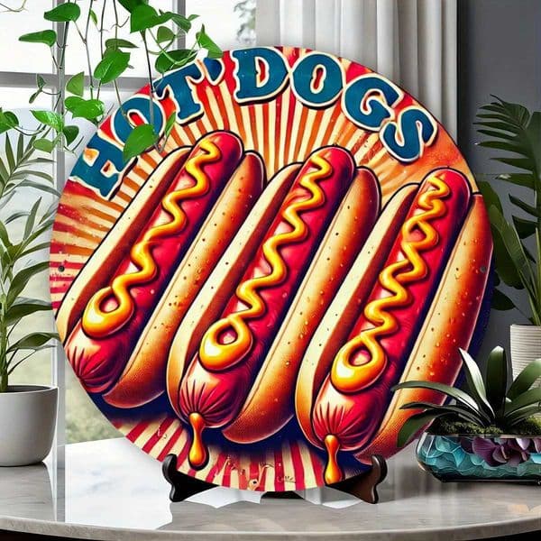 Vintage-Style Hot Dogs Metal Sign - 1981cm Round Retro Tin Wall Art with Classic Americana Design Durable Indoor/Outdoor Deco C260514