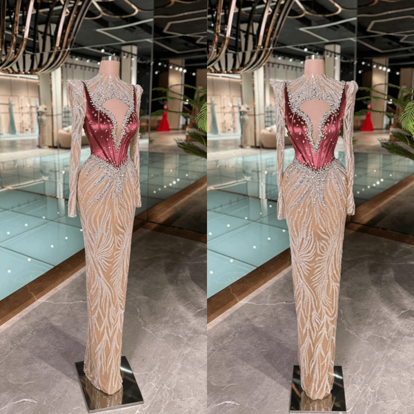 Charming Crystals Mermaid Prom Dresses Long Sleeves High Neck Formal Occasion Evening Party Vestidos De Noche Customized
