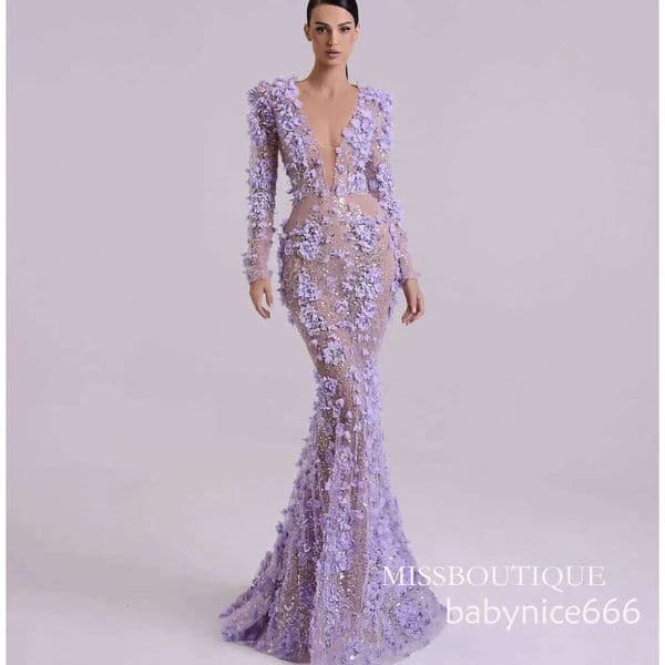Luxury Purple Prom Formal Dresses 2026 Sequins Mermaid 3D Flowers Lace Long Sleeves V Neck Evening Party Gowns Girls Pageant Birthday Dress Robe De Soiree Q514