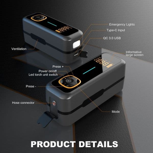 Multi-functional In-Car Air Pump: Smart Digital Display with Preset Tire Pressure, Built-in Lighting, USB Charging, and Warning Light.