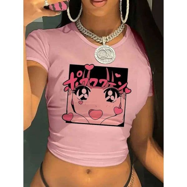 Retro 90s Chic Cropped Fashion Anime Girl Print Crew Neck Manga T-shirt Y2K Short Sleeve Tight Fit Crop Top Spring Summer Wom