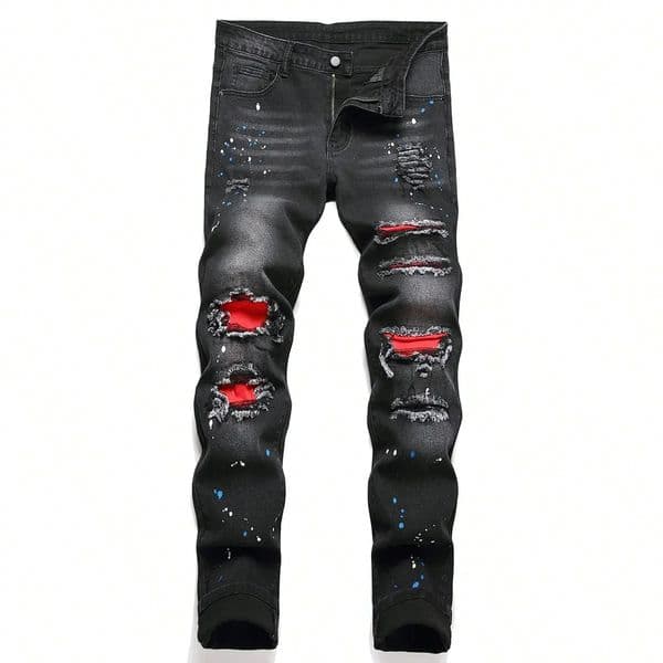 Men y2k Stretchy Skinny Denim Jeans For Casual pants Ripped Patchwork Hole Slim Fit Hip Hop Black Straight Trousers 260514