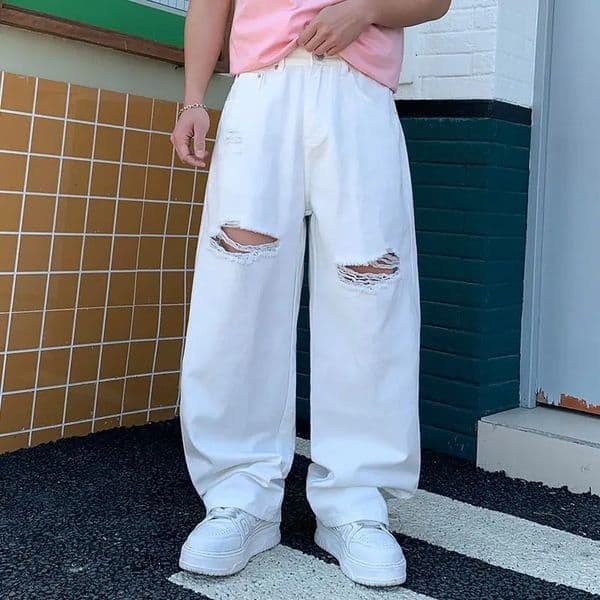 2026 Trendy White Ripped WideLeg Jeans for Men Loose StraightLeg Casual Cool Style 260514