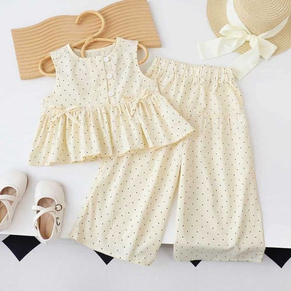 Bear Leader Baby Girls Casual Clothing Round Neck Sleeveless Polka Dot TopWide Leg Pants Set with Bow and Botton 2PCS SetL260514F58L