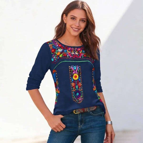 Women's Bohemian Print V-neck Long Sleeve T-shirt Spring/Summer 2024 Independent Station Top for Women