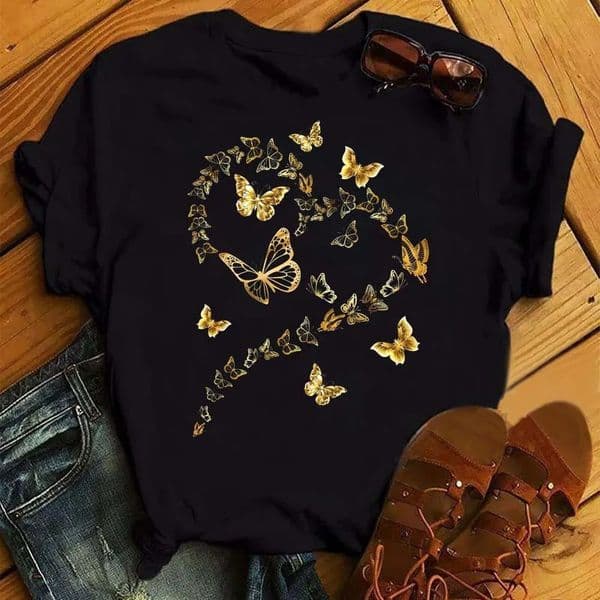 Watercolor Butterfly Heart Printed T Shirt Women Black Harajuku Cute Graphic Tee Ladies Casual Female Tops 260513