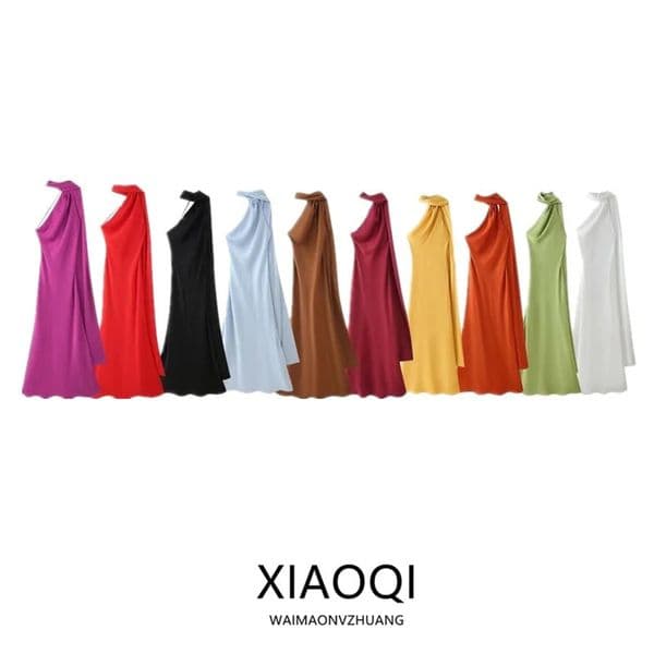 Elegant Long Silk Satin Dress Neck Hanging Pure Color Slim Fit Summer Fashion Womens Dress City Commuting Casual Wedding 260513
