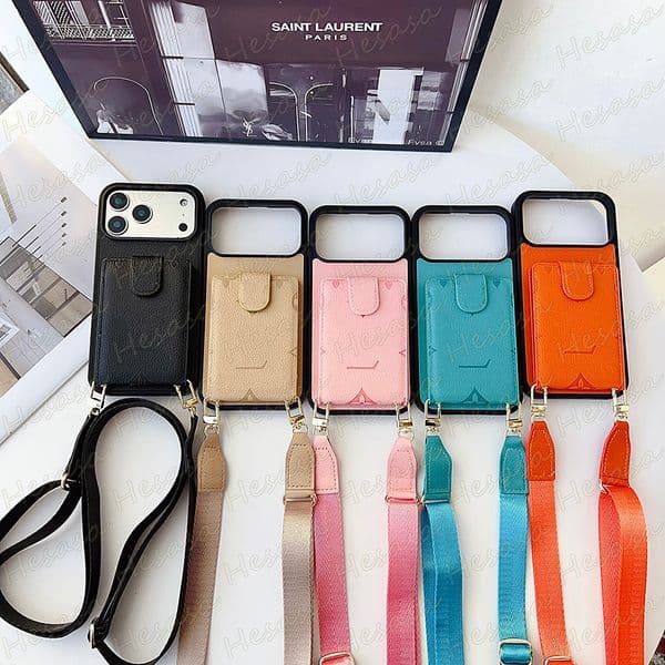 Brand Designer Emboss Card Pocket Phone Case for iPhone 17 Pro Max Air 16 15 14 13 12 11 X Xs Xr 8 7 Plus Leather Folio Card Pocket Cover Strap Samsung S26 S25 S24 S23 S22 Ultra