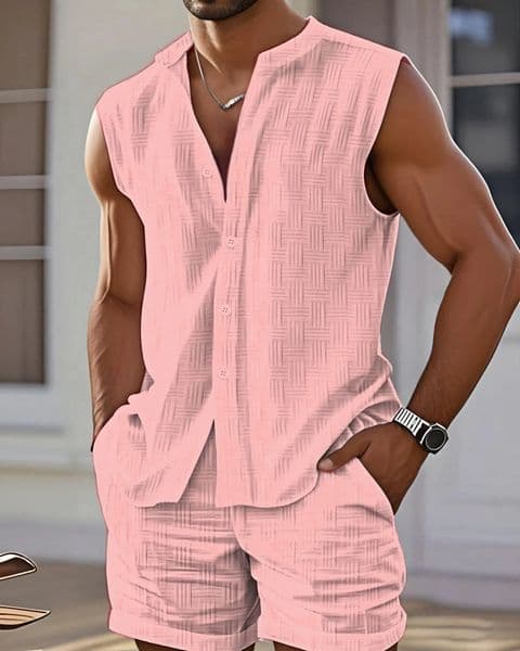 Mens Summer Casual Beach Stand-Up Collar Set Jacquard Solid-Color Sleeveless Shirt And Shorts Fashionable Comfortable Two-Piece 260511