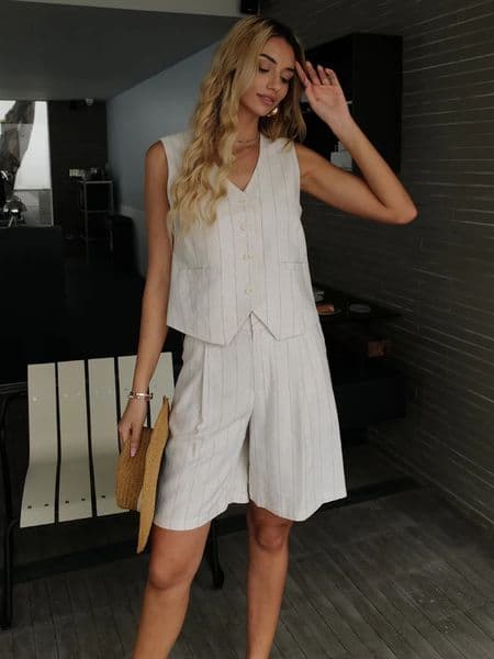 Summer Casual Linen Striped Vest Shorts sets 260511