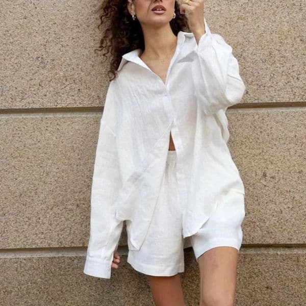 Women Casual Loose High Waist Solid Cotton Shorts Set Chic Lapel Long Sleeves Single Breasted Shirt Cozy Shorts Suit 2 Piece Set 260509