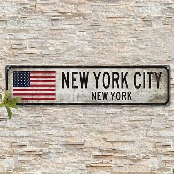 Vintage New York City Metal Sign - Rustic Aluminum Wall Decor with American Flag for Bar Office Man Cave - NYC Themed Plaque C260514