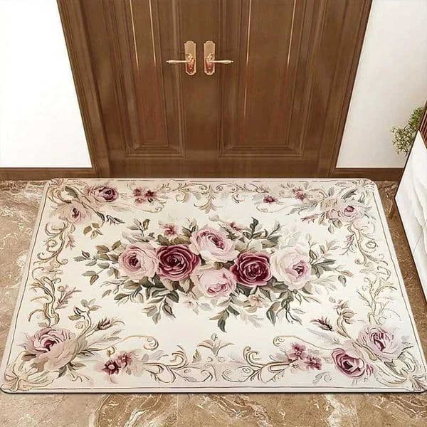 1 Elegant Floral Welcome Mat - Indoor/Outdoor Doormat with Pink and Red Rose Design for Entryway Kitchen Machine WashableJ260514
