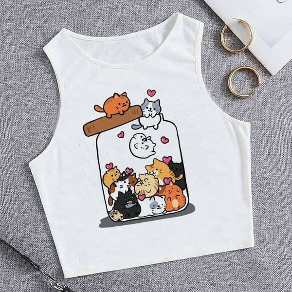 Funny Cat Print T-shirt Cropped Women'S Sleeveless Tank Stylish Vest Crop Top Tee Casual Shirt Y2k Fashion 90s Girls
