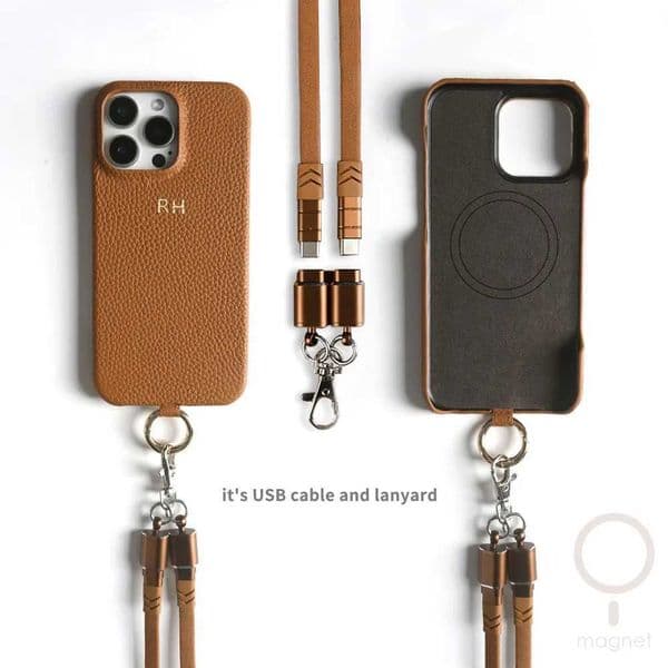 Customizable Genuine Leather Phone Case with Charging Lanyard For Iphone 16 Pro Max Cases 15 14 13 12 11 Magnetic Cover Fundas Z260514