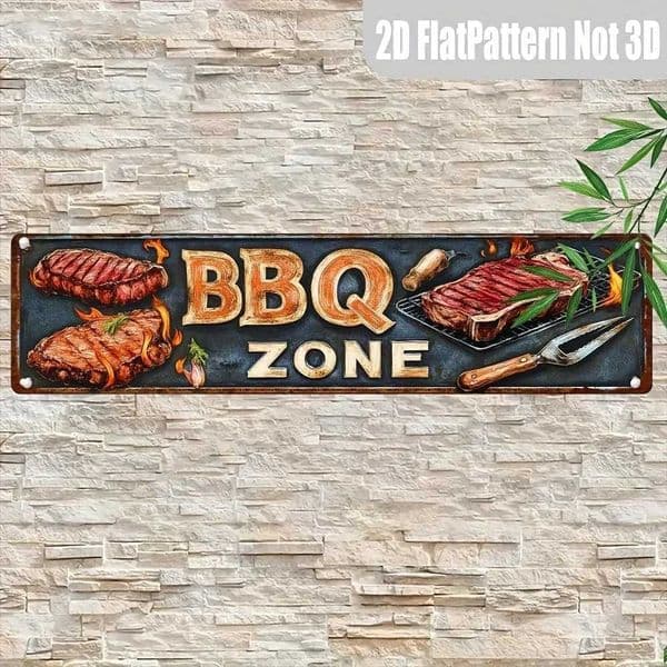 Retro BBQ Zone Metal Tin Sign - 4x16 2D Flat Novelty Decor Grill Garage Restaurant Wall Art C260514