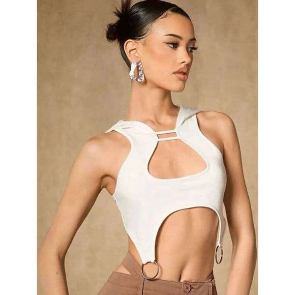 Hooded Tank Top Women Edgy Clothes Y2k Accessories Cut Out Sexy Streetwear Sleeveless T-Shirt White Corset Ropa Mujer Ring Decor