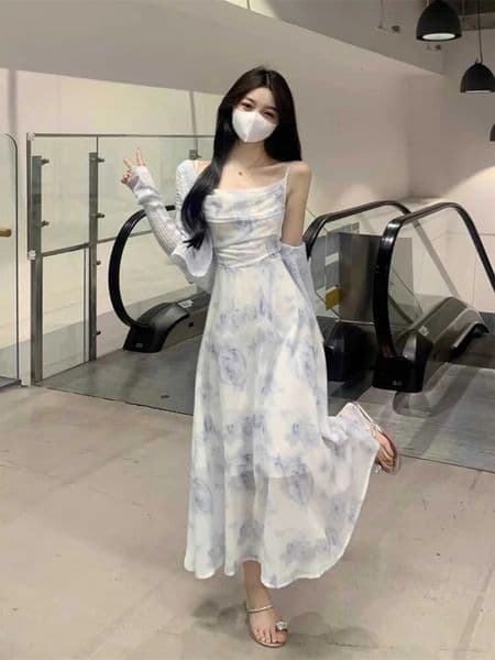 Summer Floral Print Chiffon ter Dr Set Womens Knitted Open Cardigan Outerwear TwoPiece Suit Korean Sle ALine Skirt 260513