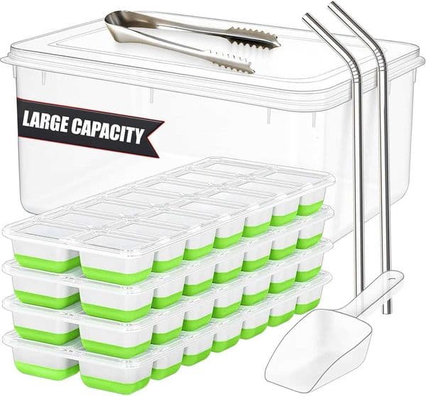 56pcs Ice Cube Tray with Lid and Bin Stackable 4 Trays Plastic Silicone Freezer Mold Large Ice Bucket with Scoop Tong 2 SS Straws Easy Release Ice Maker for Cocktail Coff