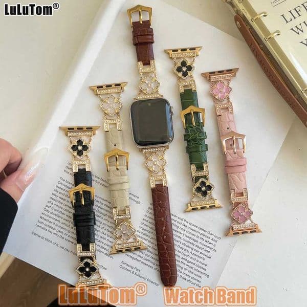 Luxury Diamond Leather Strap For iWatch Series 10 9 8 7 6 5 2 SE Ultra 38 40 41 42 44 45 46 49mm Band Luck Clover Bracelet X260514