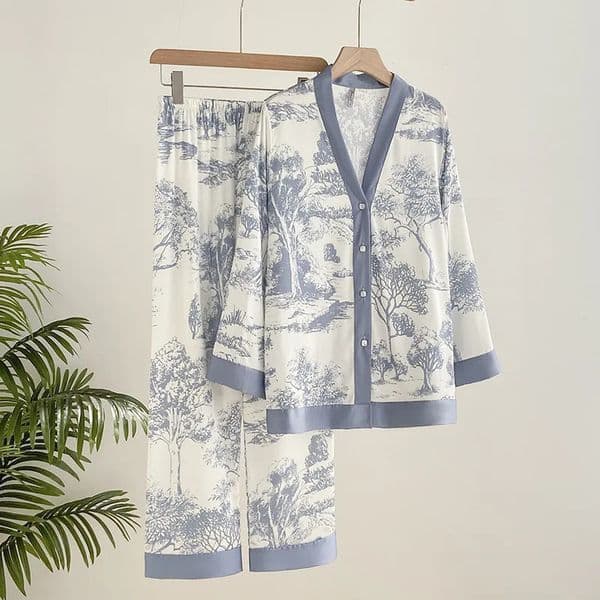 Lisacmvpnel Ice Silk Print Fashion Women Pajama Set Long Sleeve Suit Pajamas 260514