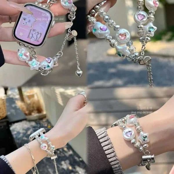 Diamond studded Baroque bead bracelet cpatible with iWatch strap 38mm 40mm 41mm 42mm 44mm 45mm 49mm fashionable handmade strapJ260514