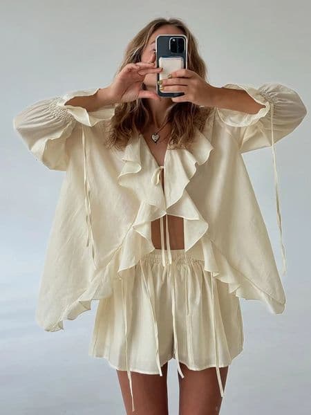 Talenza Womens Ruffle Shorts Two Piece Set Casual Ruffle Loose Lace-up Top Slim Shorts Set Summer Office Lady Female Shorts Set 260511