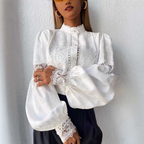 New Foreign Trade Women Clothing Lace Spliced Lantern Sleeve Casual Work Shirt Elegant Office Commuter Daily Party Fashion Blouse MAKOUFEI