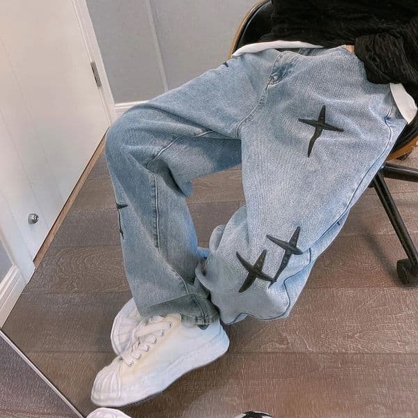 Prints Jeans Men Streetwear Baggy Wide Leg Jeans Korean Fashion Drapes Straight Casual Loose Denim Cargo Pants 260514