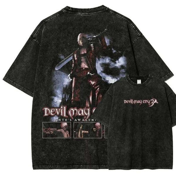 Devil May Cry 3: Dante's Awakening Vintage-Wash Graphic T-Shirt: Double-Sided Design Featuring Dante Character Art & Game Title 26L0514