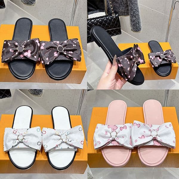 Women Sandals with Bow Flat Slippers Designer Miss Round Headed Open toed Flat Shoes Colorful Flower Pattern Decorative Leather Fabric Genuine Leather Outsole Mule