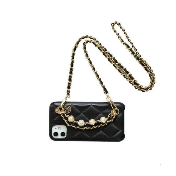 Flower Pearl Hand Strap Long Metal Chain Handbag Lambskin Leather Case For Iphone 17 15 Pro 16Pro Max 16 Plus Coque 26L0514