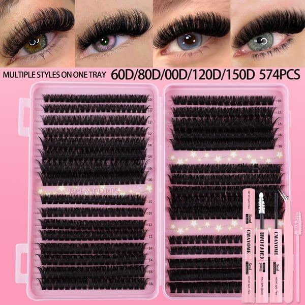 DIY Lash Clusters - Fluffy Volume DIY Eyelash Extension Kit with Lash Bond and Seal Strong Hold, Reusable Lashes Natural Look with Wispy Finish False Eyelashes