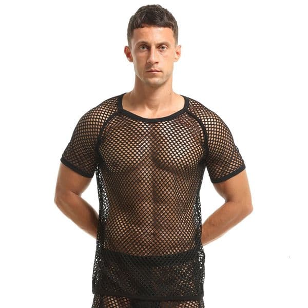 Sexy T-shirts for Men See-Through Mesh Breathable Short Sleeve Clothing Black Fashion Party Nightclub Transparent Man Shirt 260511