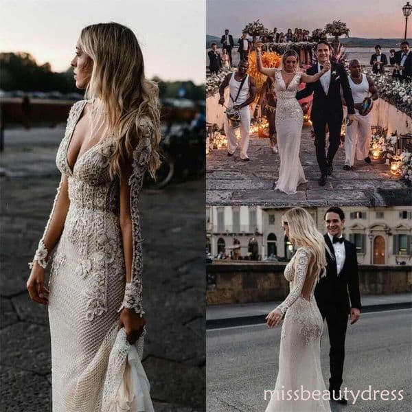 V Neck Mermaid Dresses with Long Sleeves 2026 Lace Applique Bohemian Wedding Gowns Vintage Robes De Mariee